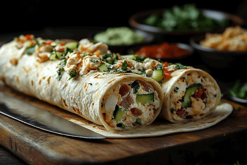 Starting from one end, tightly roll each tortilla into a log shape, pressing gently as you roll to ensure the fillings stay in place. Once all the tortillas are rolled, place them in the refrigerator for 10–15 minutes to firm up. This chilling step makes it easier to slice the rolls cleanly. Using a sharp knife, cut each roll into 1-inch thick pinwheels. Wipe the knife blade with a damp cloth between cuts for neat slices.