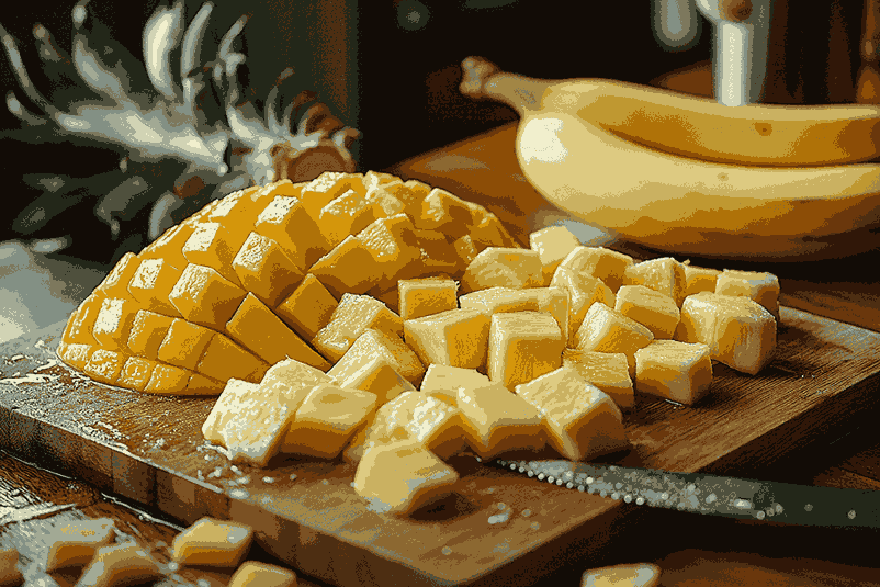 Нарезанный банан, манго и обжаренный кунжут разложены на разделочной доске.