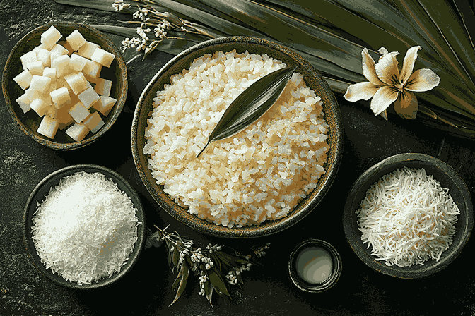 Bahan-bahan camilan Valentine ala Bali – beras ketan, santan, gula palem, daun pandan – tersusun rapi di atas meja kayu.