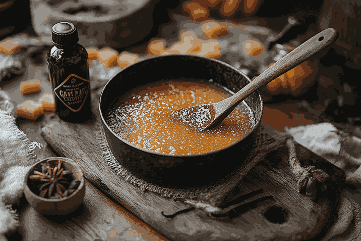 Gula palem dipanaskan dengan air dalam panci kecil, diaduk hingga larut.