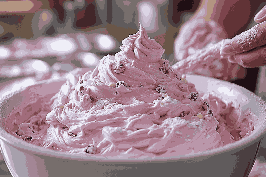 Menggabungkan bahan untuk frosting stroberi