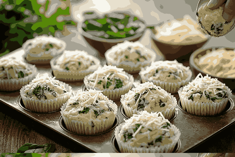 Isi loyang muffin dengan adonan bayam