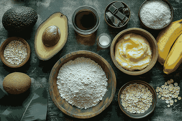 Bahan muffin – tepung gandum, alpukat, pisang, minyak kelapa, gula palem, yogurt – tersusun di atas meja kayu.