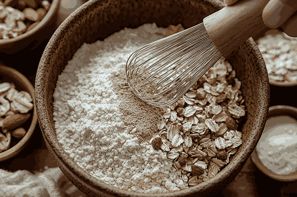 Oats, tepung, baking powder, baking soda, garam, dan bubuk kayu manis dicampur dalam mangkuk besar.