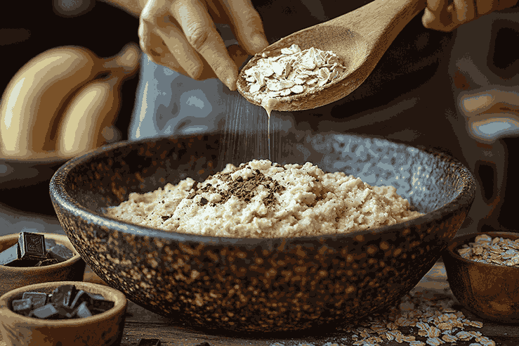 Bahan basah dituangkan ke bahan kering, diaduk perlahan dengan spatula agar tidak overmix.