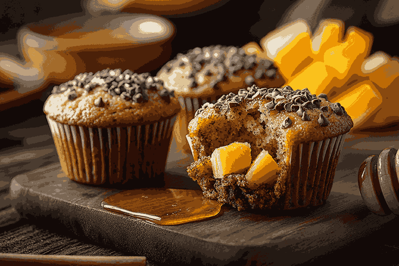 Muffin alpukat pisang yang sudah dingin disajikan di piring dengan sedikit madu atau buah segar.