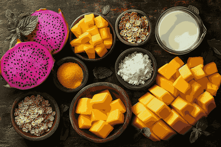 Bahan-bahan smoothie buah – mangga, dragon fruit, pepaya, pisang, santan, yogurt – tersusun rapi di atas meja kayu.