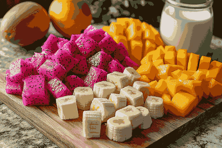 Buah-buahan segar dicuci dan dipotong kecil untuk blending, di atas meja dapur.