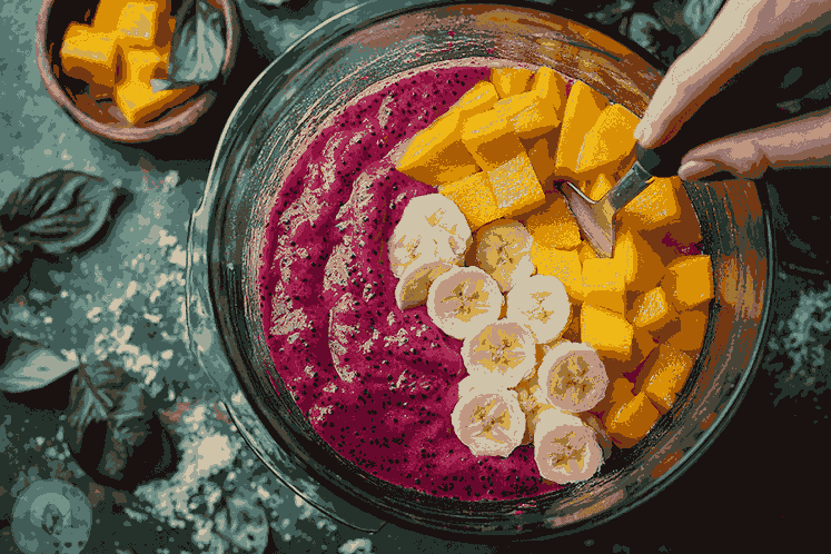 Blender berdaya tinggi sedang diatur dengan buah-buahan, santan, dan yogurt di dalamnya.