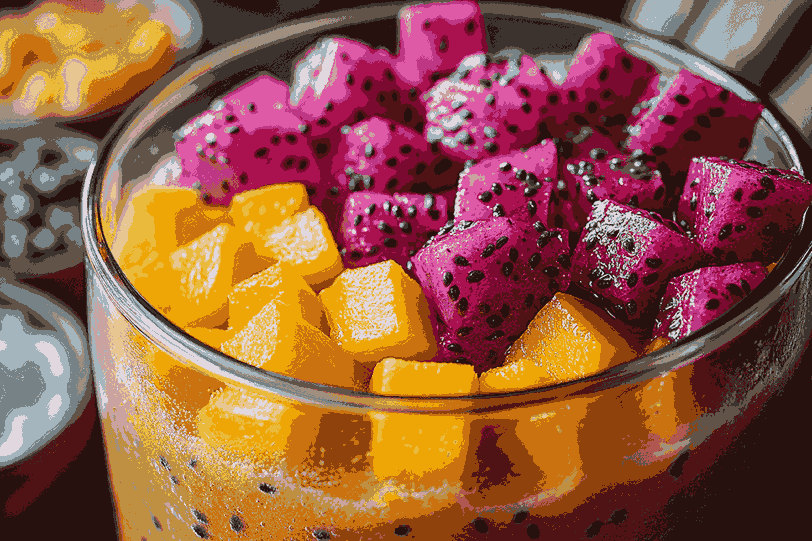 Smoothie sedang diblender hingga halus dalam blender, dilingkari dengan buah segar.