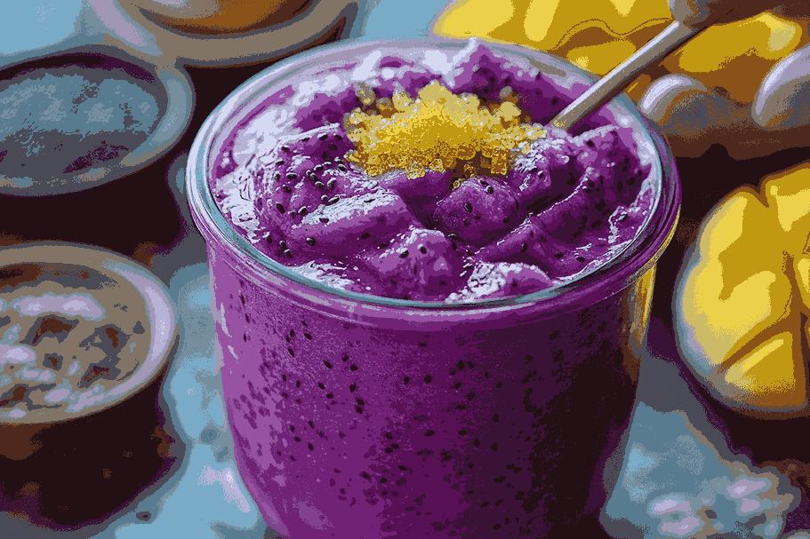 Sesendok gula palem ditambahkan ke dalam blender untuk menyesuaikan rasa smoothie.