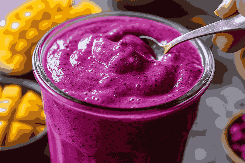 Smoothie dituangkan ke dalam gelas saji dan dihiasi dengan kelapa parut, granola, serta daun mint.