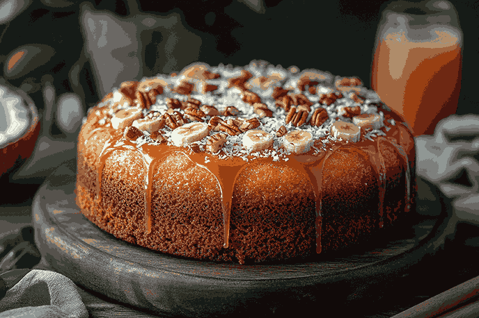 バナナケーキにトッピングを加えてサーブする