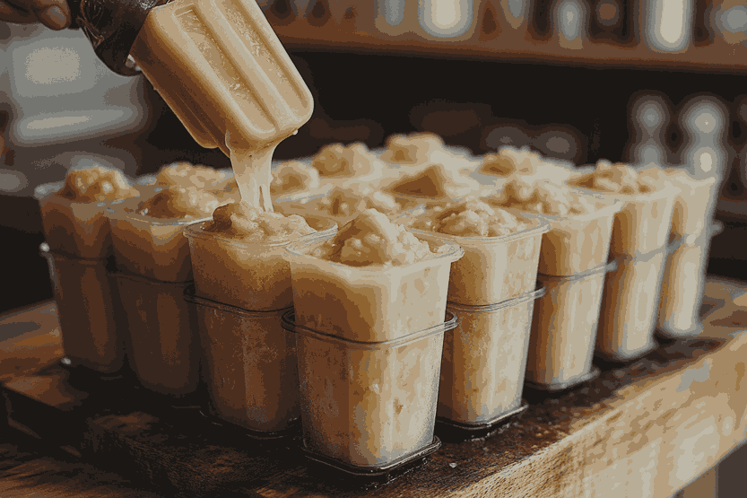 Menuang campuran ke cetakan Es Loli Pisang