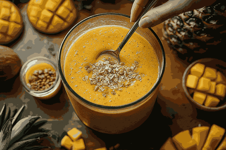 Smoothie tropis dituangkan ke dalam batok kelapa dan dihias dengan daun mint serta irisan jeruk nipis.