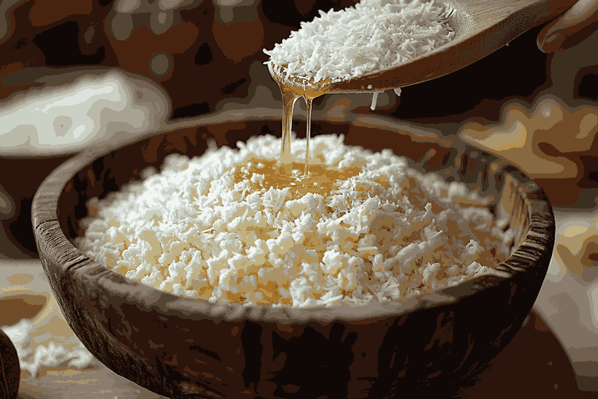 Смешайте сухие и влажные ингредиенты для ломтиков Rice Bubble