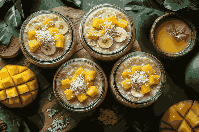 Pisang dan mangga segar dipotong kecil, biji wijen disangrai di atas wajan.