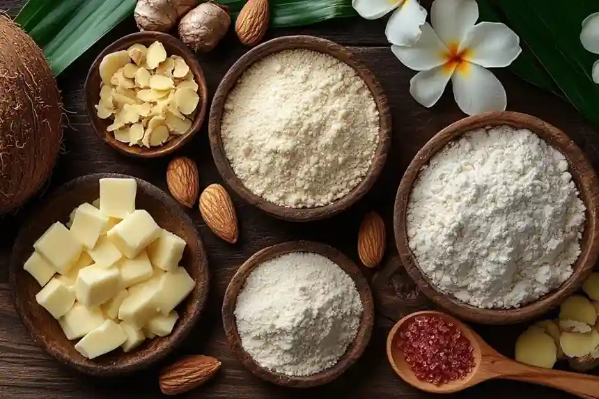 Bahan untuk kue jari penyihir: tepung, gula kelapa, almond