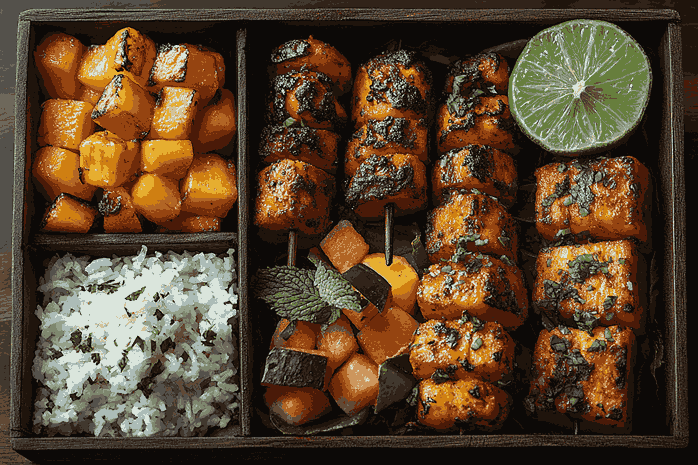 Ланч-боксы, в которых аккуратно уложены кокосовый рис, овощные шашлычки, фруктовый салат и кукурузная лепёшка.