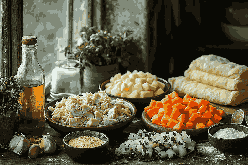 Ингредиенты для балийского пирога с курицей и луком-пореем