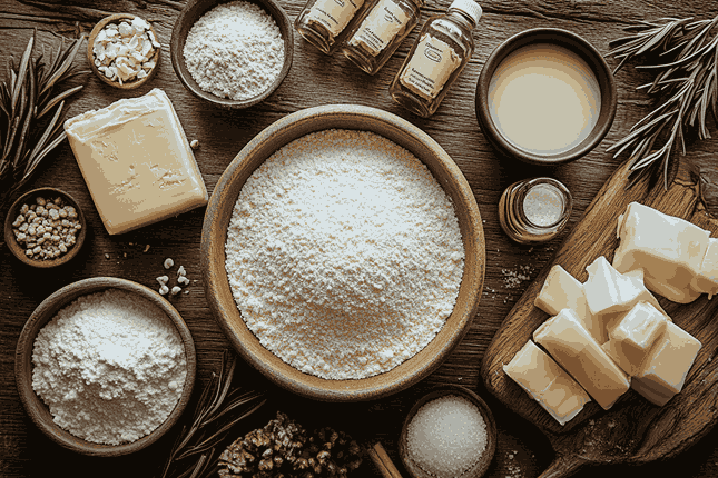 Bahan-bahan kue Natal ala Bali – tepung, santan, kelapa, mentega, gula, dan rempah – tersusun rapi di atas meja kayu.