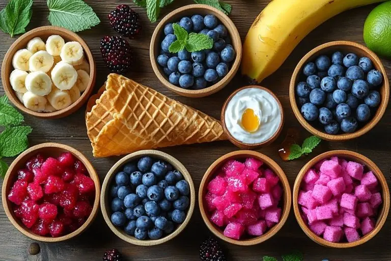 Bahan untuk kerucut buah: buah naga, yogurt kelapa, blueberry