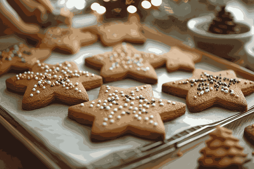 Kue Natal yang sudah dipanggang dihiasi dengan icing dan sprinkles, diletakkan di atas rak pendingin.