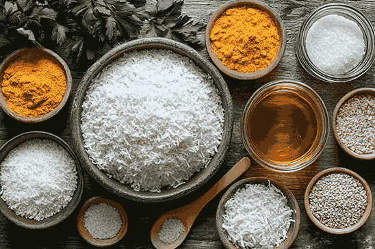 Bahan-bahan kraker – tepung gandum, kelapa parut, kunyit, garam, dan minyak kelapa – tersusun rapi di meja kayu.