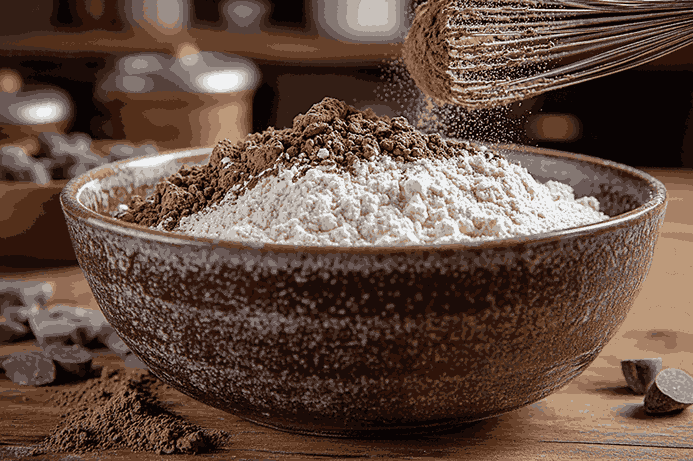 Mencampur bahan kering untuk kue cokelat apel