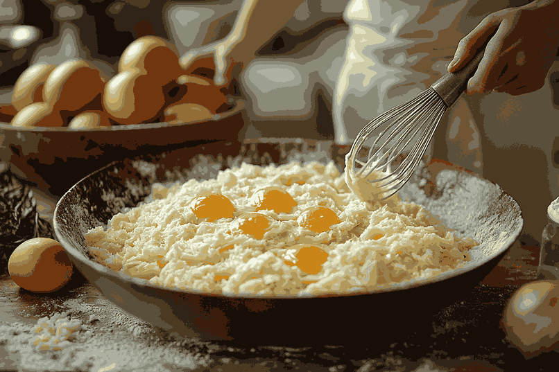 Menggabungkan bahan basah untuk kue cokelat apel