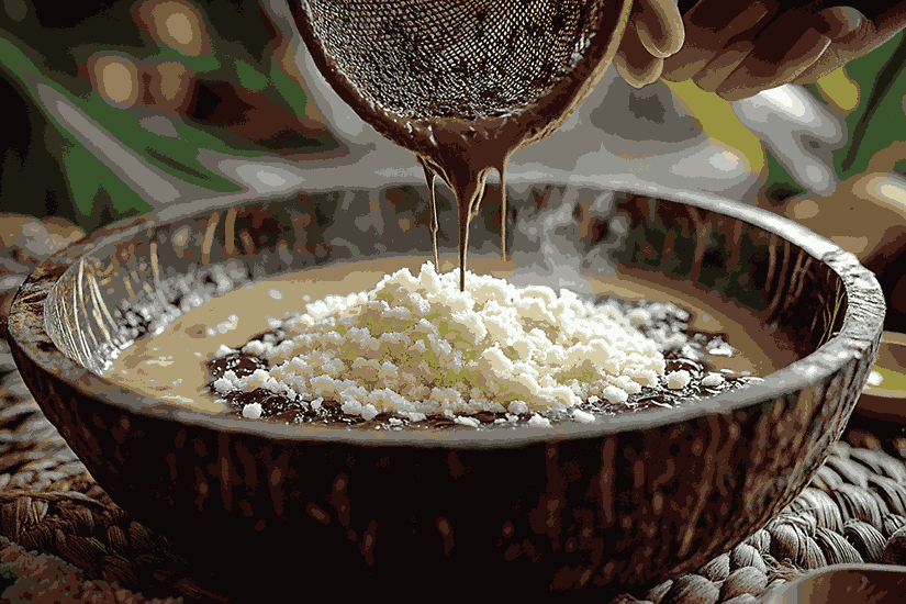 Memasukkan kakao dan pemanis ke susu cokelat