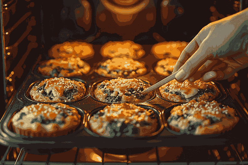 Форма с маффинами ставится в духовку, маффины пекутся до золотистой корочки.