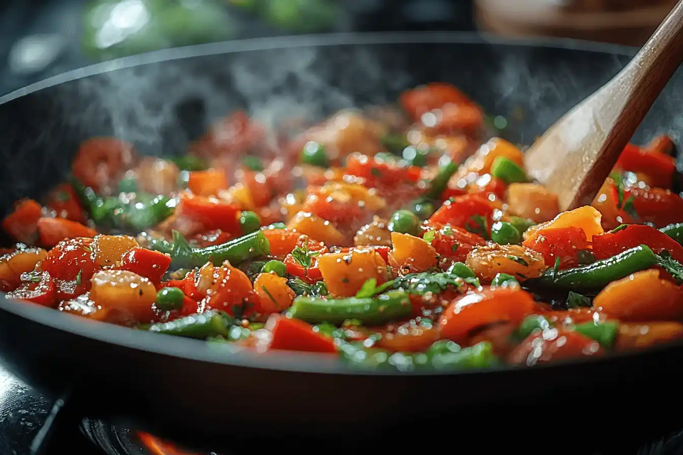 Обжаривание овощей для жареной курицы с ананасом