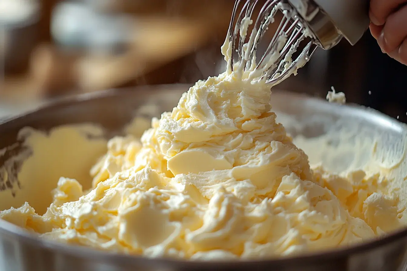 Mengocok mentega dan gula untuk Kue Telur Mini