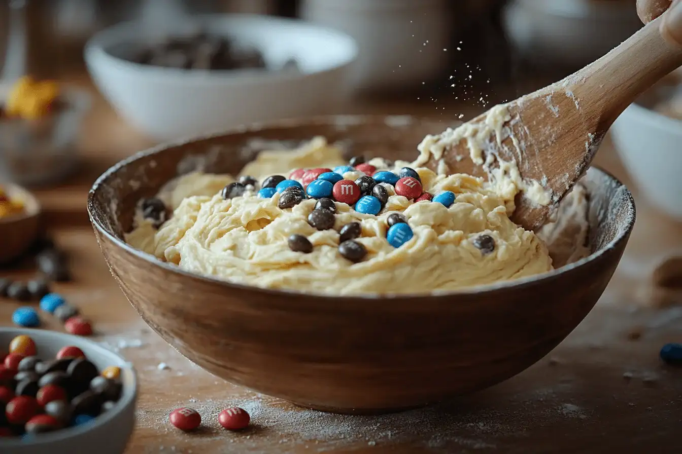 Смешивание влажных и сухих ингредиентов для печенья с M&Ms
