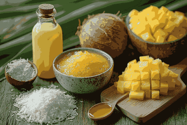 Фрукты – манго, драгонфрут, папайя, банан, кокосовое молоко и йогурт – аккуратно разложены на деревянном столе.