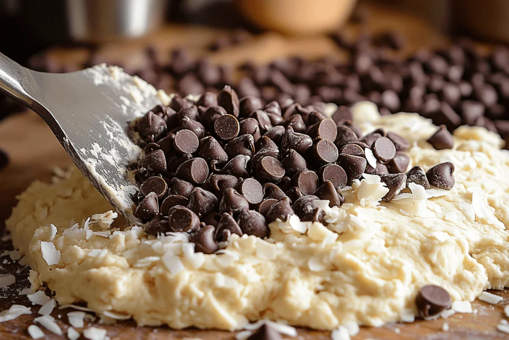 Cokelat chip dilipat ke dalam adonan kue alpukat