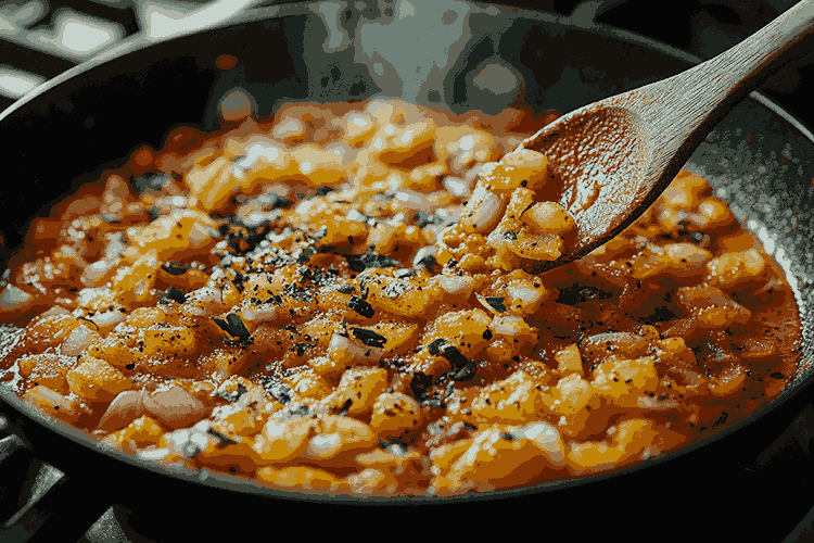 К луковой смеси добавляются куркума, кориандр и паприка, перемешиваются до появления аромата.
