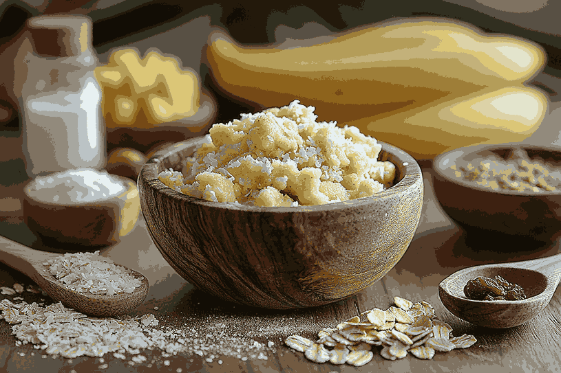 Bahan-bahan alami khas Bali untuk kue oatmeal pisang yang sehat dan lezat.