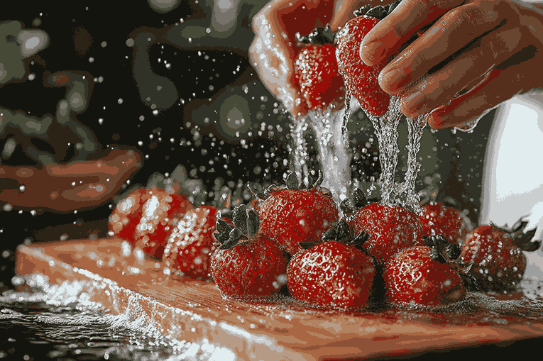 Menyiapkan stroberi untuk Strawberry Santas