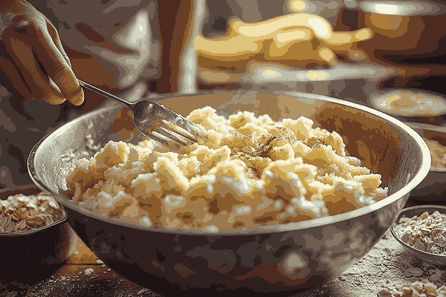 Pisang matang dihaluskan hingga lembut untuk adonan kue oatmeal pisang.