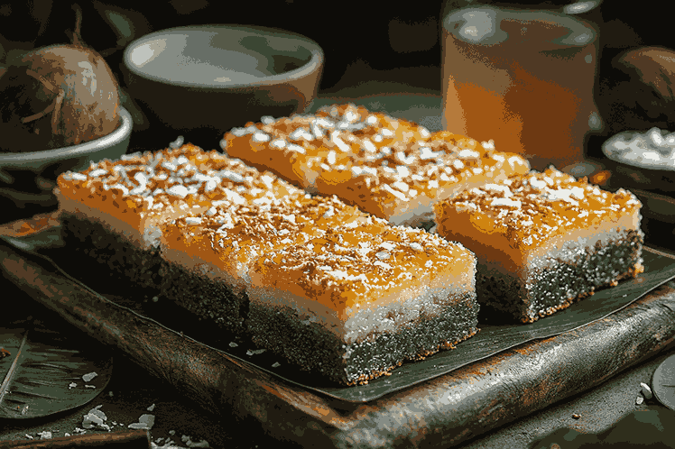 冷めたケーキの上にトッピングを広げ、トロピカルなプレートに盛り付けている様子。