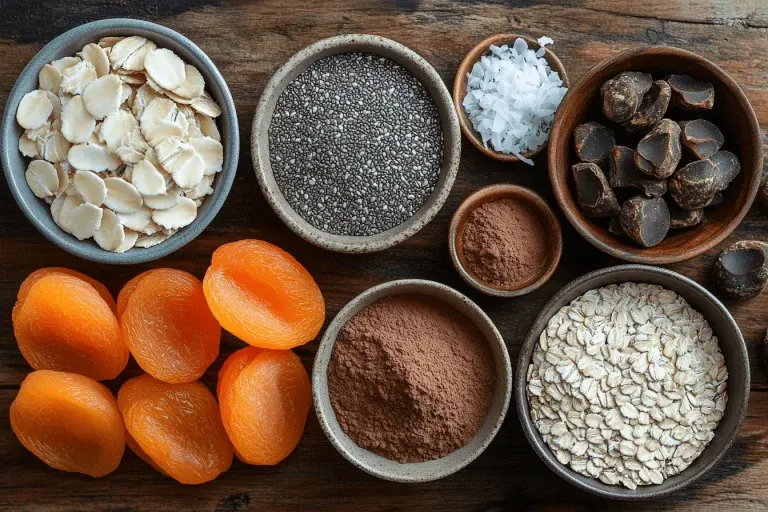 Bahan untuk bola cokelat chia aprikot: aprikot kering, chia, kakao