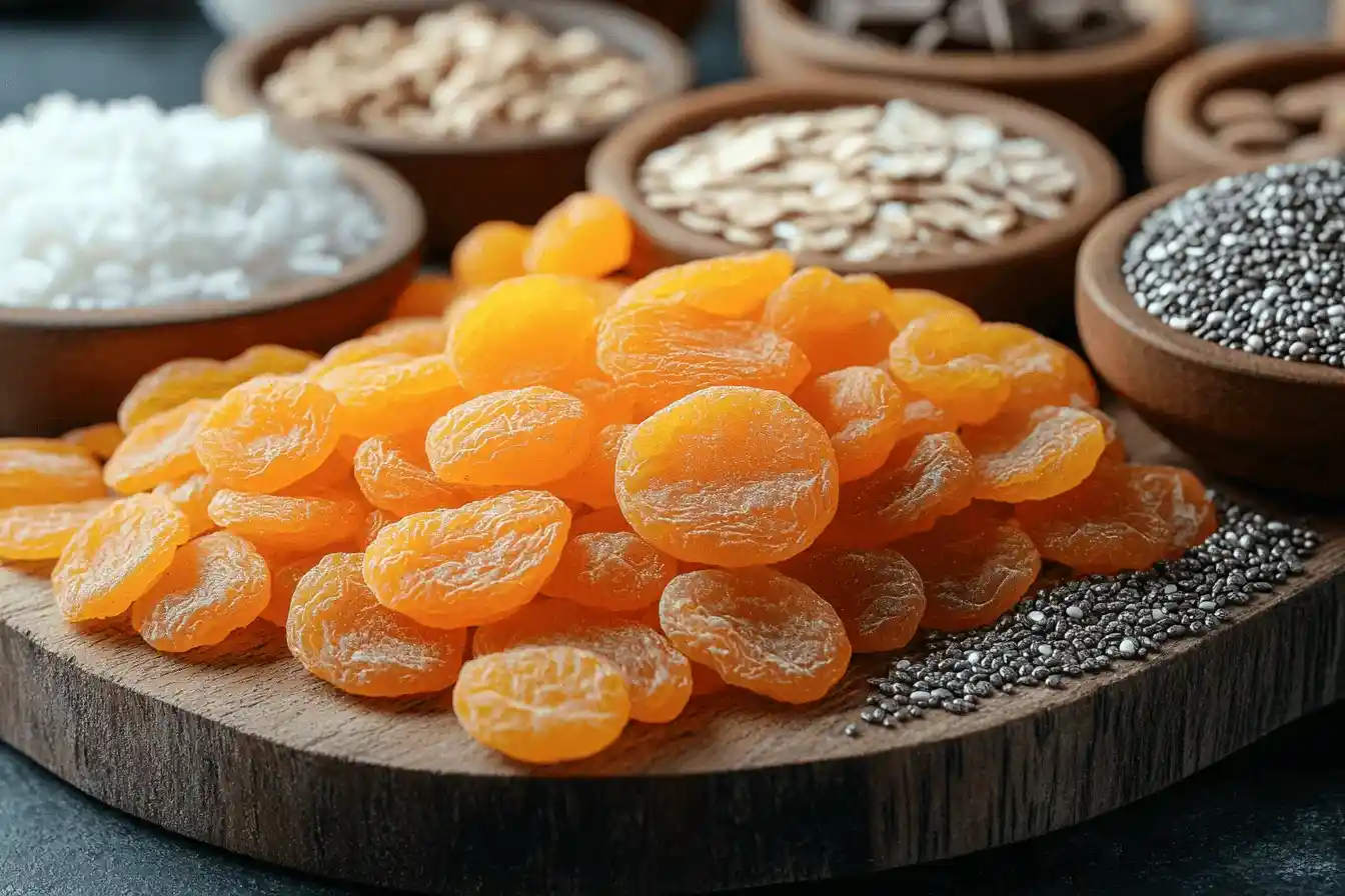 Aprikot kering dipotong untuk bola cokelat chia aprikot
