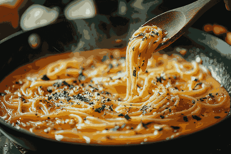 茹で上がったスパゲッティをソースに加え、フライパンで全体をさっと絡めている様子。