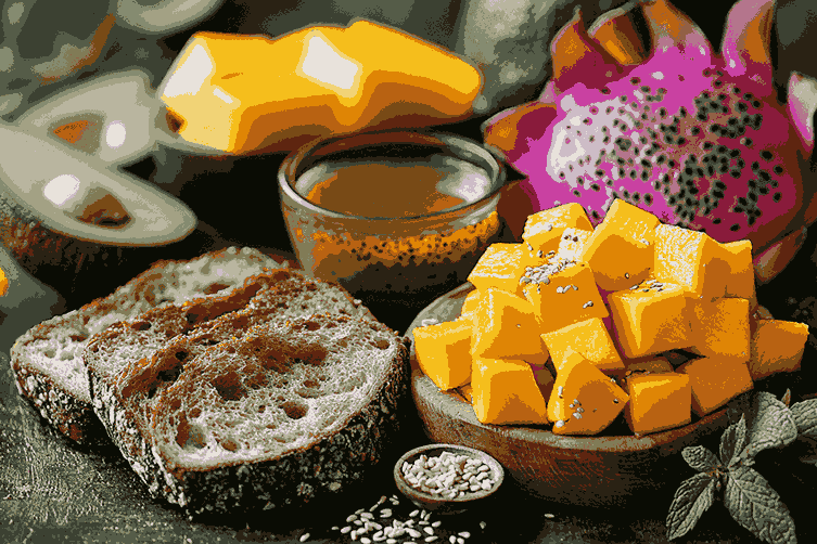Bahan Earth Day toasts – roti gandum, alpukat, mangga, buah naga, kelapa, dan sirup pandan – tersusun di atas meja kayu.
