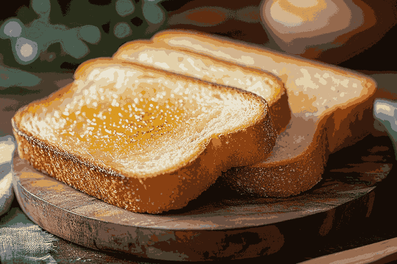 Beberapa lembar roti gandum digrilling hingga keemasan, lalu dioles minyak kelapa.